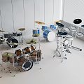 Various Drum Kits And Musical Instruments In Modern White Studio Room Setup 3d model