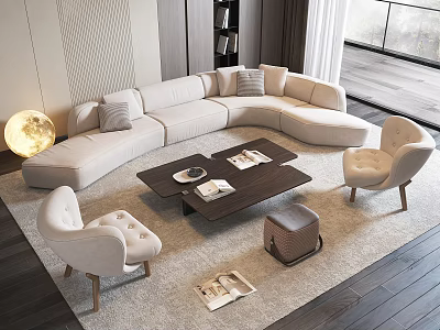 Modern Living Room Interior With L Shaped Sofa Armchairs Wooden Coffee Table And Round Lamp 3d model