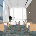 Hotel Public Lounge Area With Modern Armchairs Patterned Carpet Indoor Plant And Large Windows