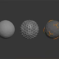 Different Textured Spheres With Holes Bumps Hexagonal Patterns And Orange Accents On Gray Background