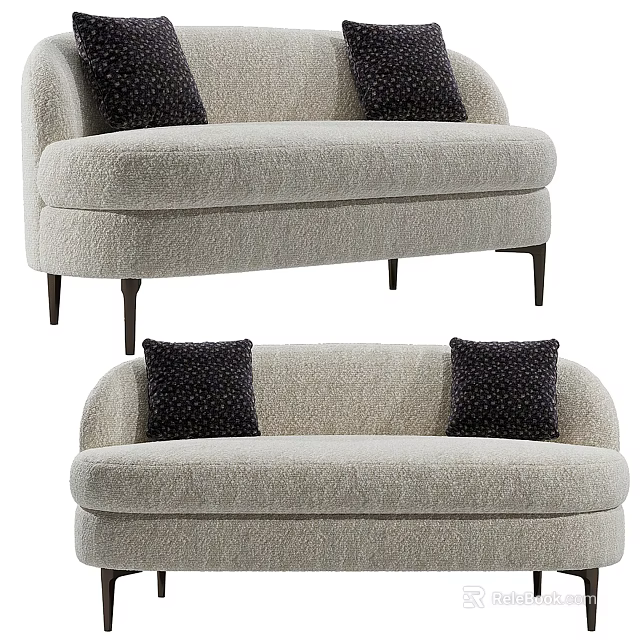 Light Gray Two Seater Sofa With Plush Fabric Black Dotted Cushions And Dark Wooden Legs 3d model 