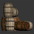 Vintage Rustic Wooden Barrels Stacked And Arranged On Dark Background