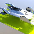 Futuristic Aerodynamic Silver Vehicle Model Display With Yellow Accents And Green Base