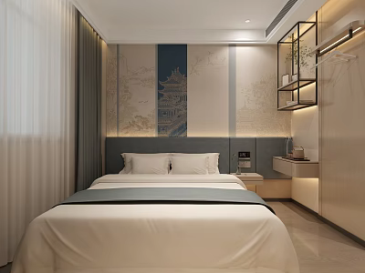 Modern Hotel Room Interior With Bed White Linens Decorative Headboard Wall Nightstand And Curtains 3d model