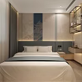 Modern Hotel Room Interior With Bed White Linens Decorative Headboard Wall Nightstand And Curtains