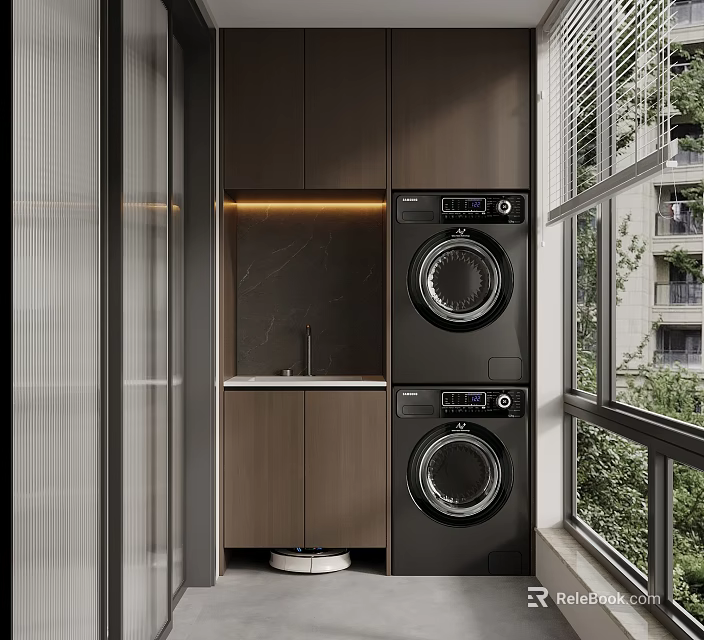Modern Balcony Cabinet with LED Lighting Marble Countertop and Washing Machine Dryer 3d model 