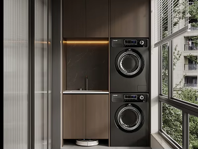 Modern Balcony Cabinet with LED Lighting Marble Countertop and Washing Machine Dryer 3d model