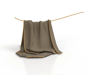 Brown Towel With Yellow Trim Folded Hanging On A Rope In Laundry 3d model