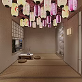 Japanese Style Hotel Corridor With Wooden Lattice Doors Decorative Umbrellas And Cherry Blossom Tree