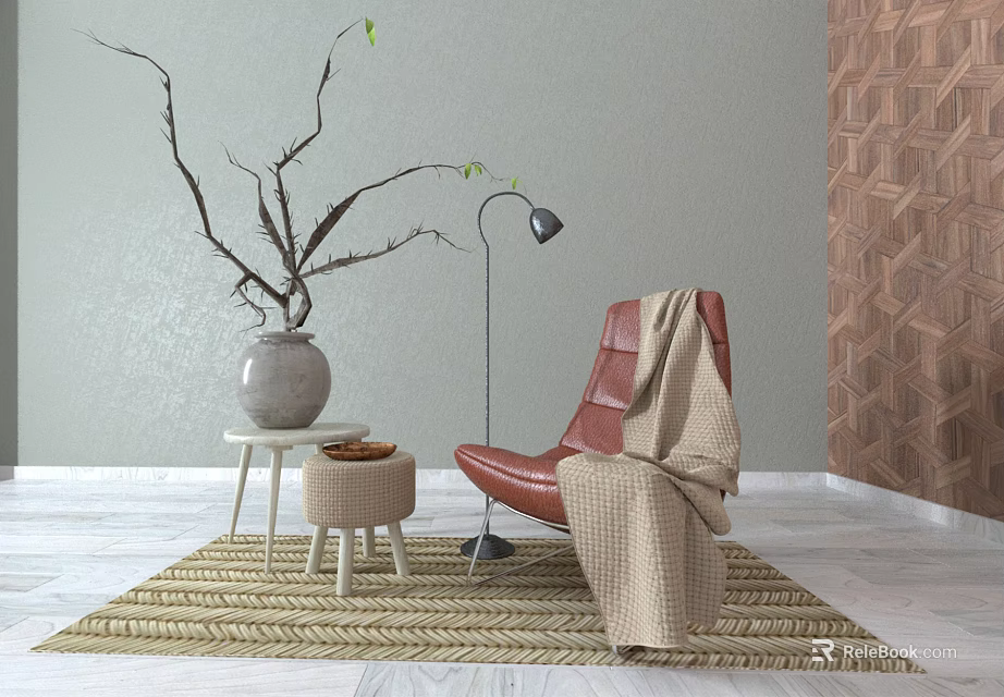 Red Leather Armchair With Beige Blanket Floor Lamp And Small Stool On Woven Rug 3d model 
