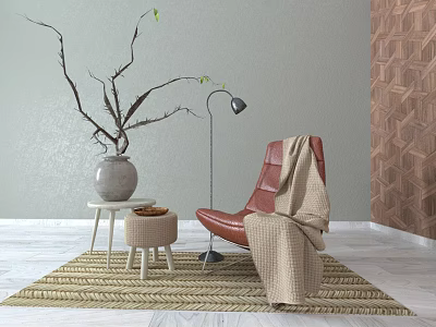 Red Leather Armchair With Beige Blanket Floor Lamp And Small Stool On Woven Rug 3d model