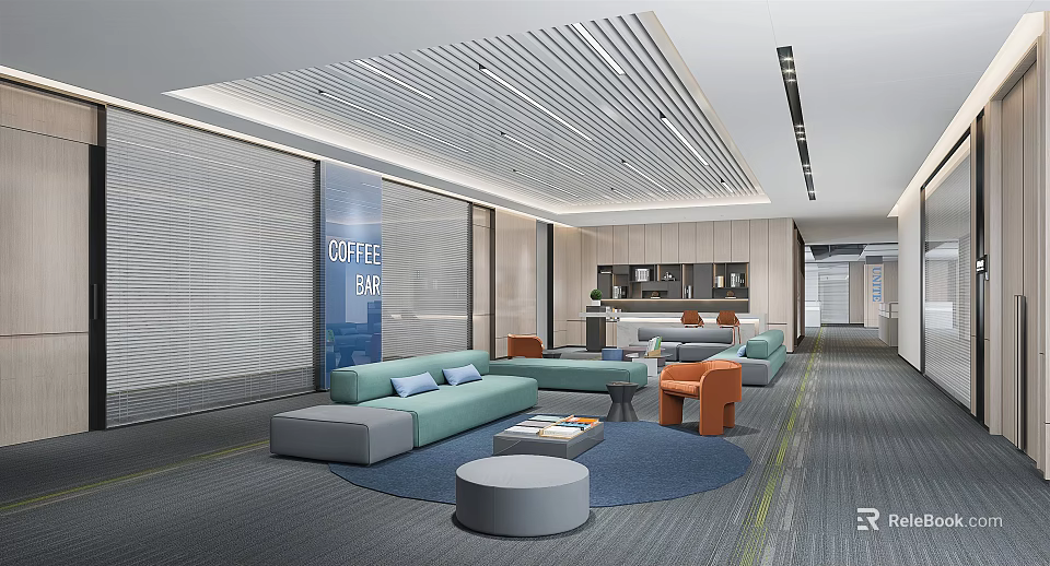 Modern Lounge Area Interior with Coffee Bar Sofa Orange Chairs and Open Layout 3d model 