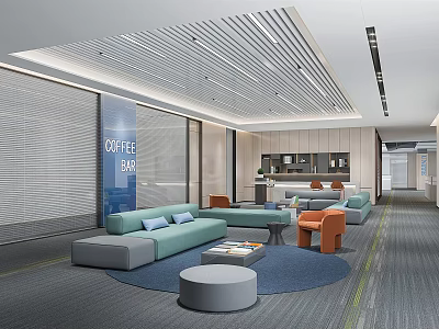 Modern Lounge Area Interior with Coffee Bar Sofa Orange Chairs and Open Layout 3d model