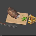 Roast Meat on Wooden Cutting Board with Knife Fresh Mushrooms and Herbs