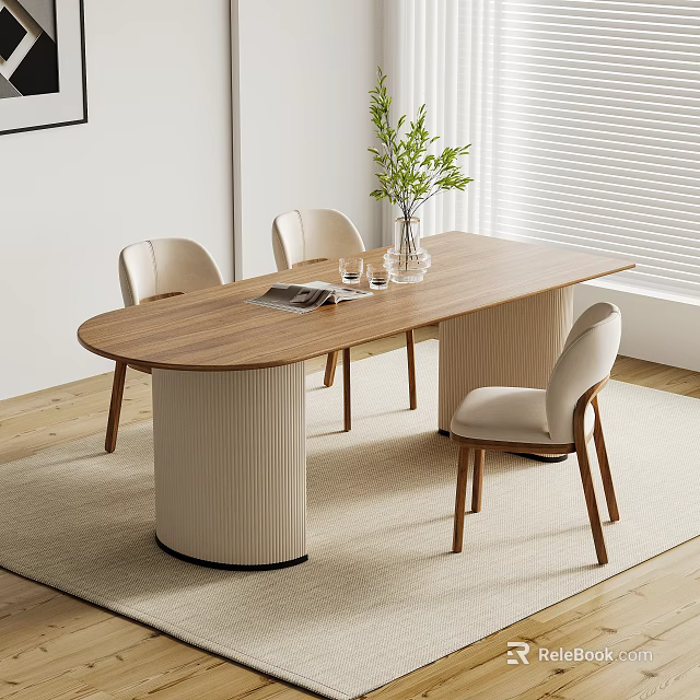 Contemporary Wooden Dining Table Set With Cylindrical Base Light Fabric Chairs And Green Plant 3d model 