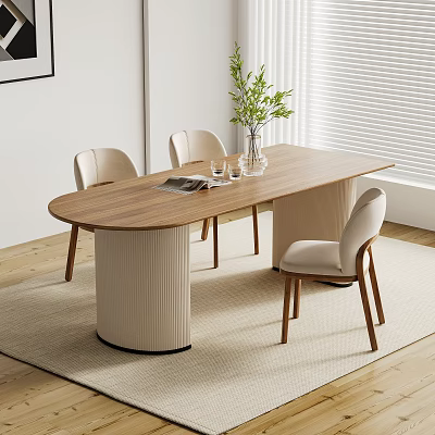 Contemporary Wooden Dining Table Set With Cylindrical Base Light Fabric Chairs And Green Plant 3d model