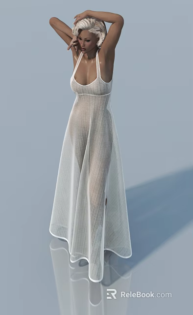 Woman In Sheer White Mesh Long Dress Standing Against Minimalist Backdrop 3d model 