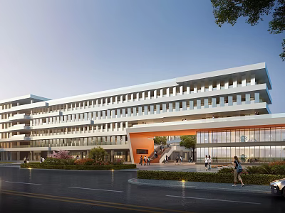 Modern School Building With Multi Story Structure Large Windows Glass Facade And Landscaped Entrance 3d model