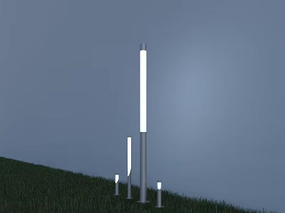 Roadside Columnar Lighting Fixtures on Grassland with Tall and Short White Luminous Poles 3d model