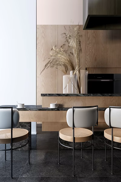 Modern Bar Counter With Wooden Wall Black Countertop White Vases Dried Grass And Bar Stools 3d model