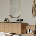Modern Bathroom Interior With Black Bathtub Wooden Vanity Toilet And Window