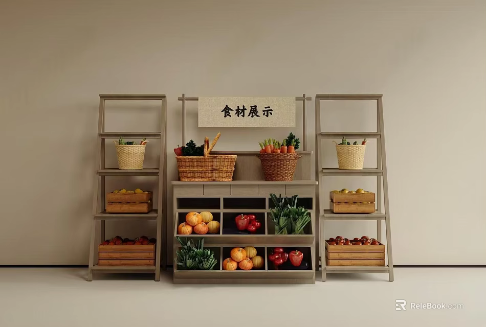 Rustic Wooden Display Shelves For Showcasing Various Kinds Of Fresh Fruit And Vegetable Ingredients 3d model 