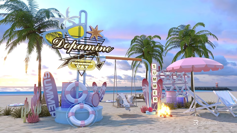 Summer Themed Beach Commercial Equipment Featuring Umbrella Chairs And Leisure Gear 3d model 
