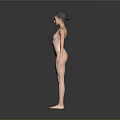 Woman In Pink Leotard Standing Barefoot With Arms Naturally Hanging On Gray Background
