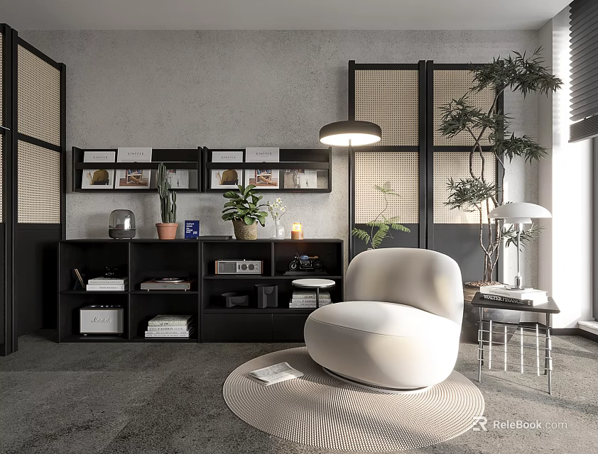 White Round Single Sofa In Modern Living Room With Black Bookshelf Framed Pictures And Plants 3d model 