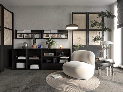 White Round Single Sofa In Modern Living Room With Black Bookshelf Framed Pictures And Plants 3d model