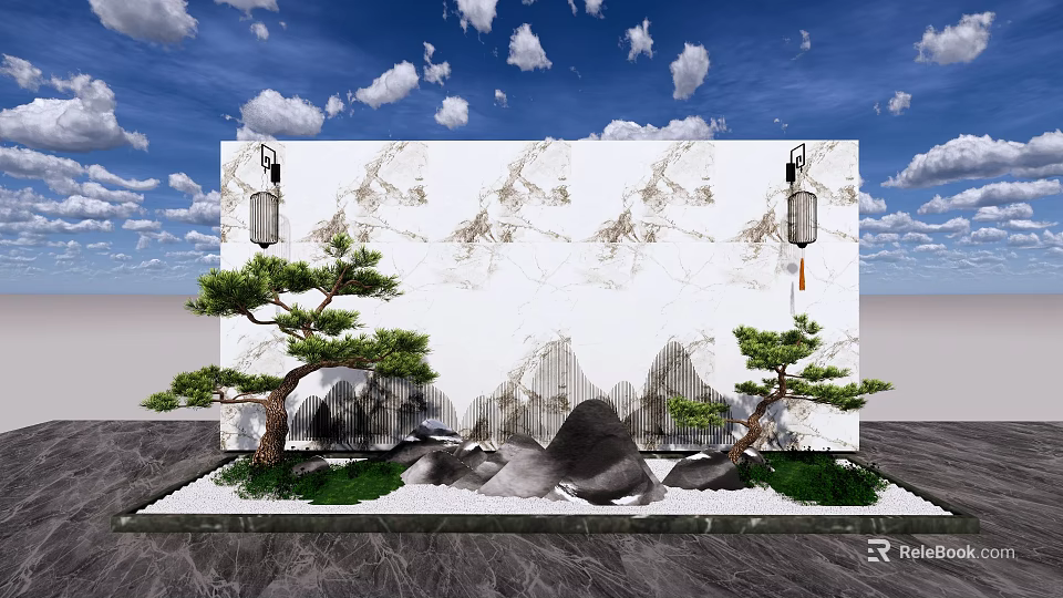 Modern Garden Ornament With Marble Wall Rock Formations Pine Trees And Lanterns 3d model