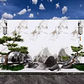 Modern Garden Ornament With Marble Wall Rock Formations Pine Trees And Lanterns 3d model