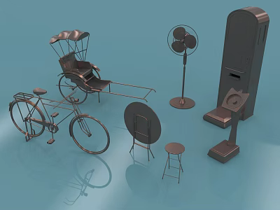 Vintage Bicycle With Rickshaw Fan Phone Booth Mirror And Stool In Collection 3d model