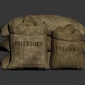 Sacks of Potatoes Filled With Fresh Tubers Stacked on Dark Background