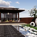 Traditional Japanese Guesthouse Building With Wooden Structure Tile Roof Courtyard And Bamboo Fence