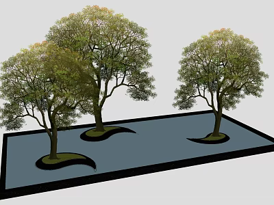 Three Green Trees with Tall Trunks and Leafy Canopies in Simple Landscape Model 3d model