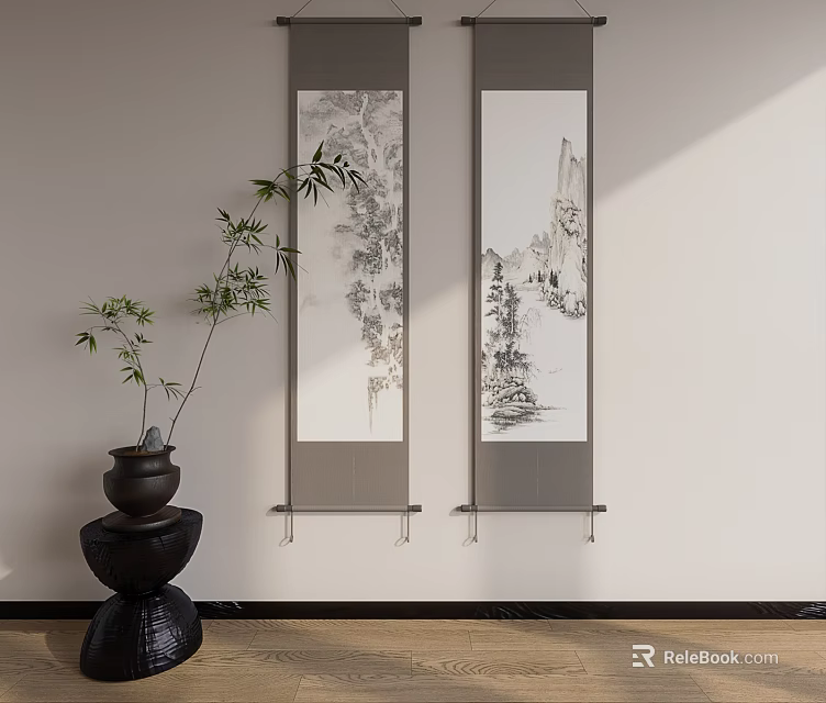 Traditional Chinese Landscape Scroll Paintings In Interior Space 3d model