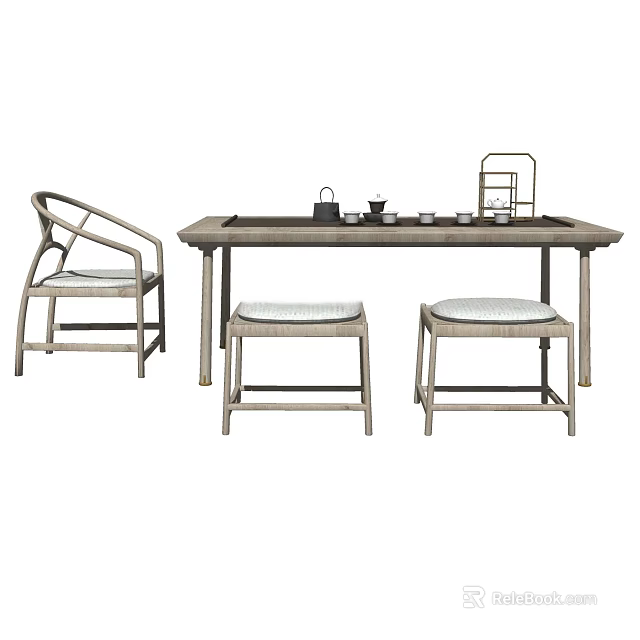 Chinese Style Wooden Tea Table With Curved Armchair And Woven Stools 3d model 
