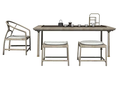 Chinese Style Wooden Tea Table With Curved Armchair And Woven Stools 3d model