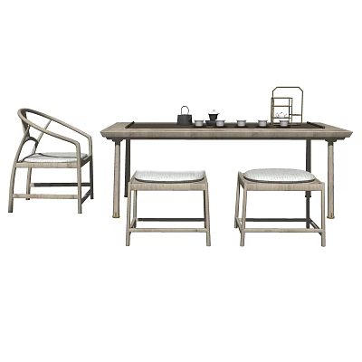 Chinese Style Wooden Tea Table With Curved Armchair And Woven Stools 3d model