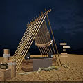 Commercial DJ Equipment with Illuminated Lights in Sandy Night Outdoor Setup Wooden Frame and Signpost