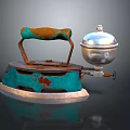 Vintage Electric Iron With Blue Copper Handle And Silver Water Reservoir Design