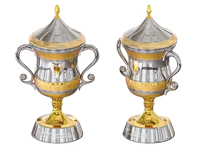 Silver And Gold Trophies With Dual Handles Spire Tops And Decorative Bases 3d model