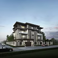 Luxury Modern Detached Villa Exterior with Stone Facade Large Windows Greenery and People Walking