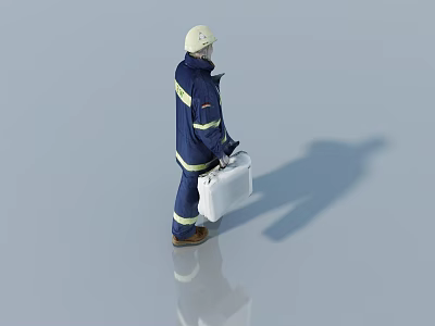 Man In Blue Uniform With White Helmet Carrying White Case Standing On Gray Ground 3d model
