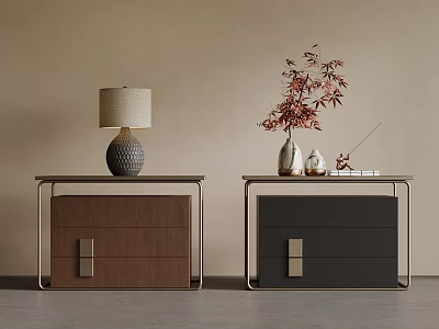 Modern Nightstands Brown Gray With Metal Frames Lamp Vase Red Branches Decor And Books 3d model