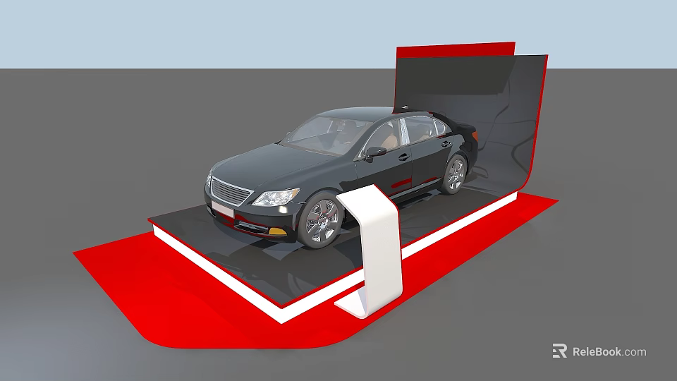 Modern Exhibition Display Shelf Featuring Black Car On Red Platform Design 3d model 