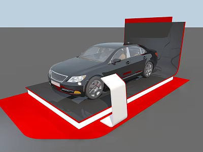 Modern Exhibition Display Shelf Featuring Black Car On Red Platform Design 3d model