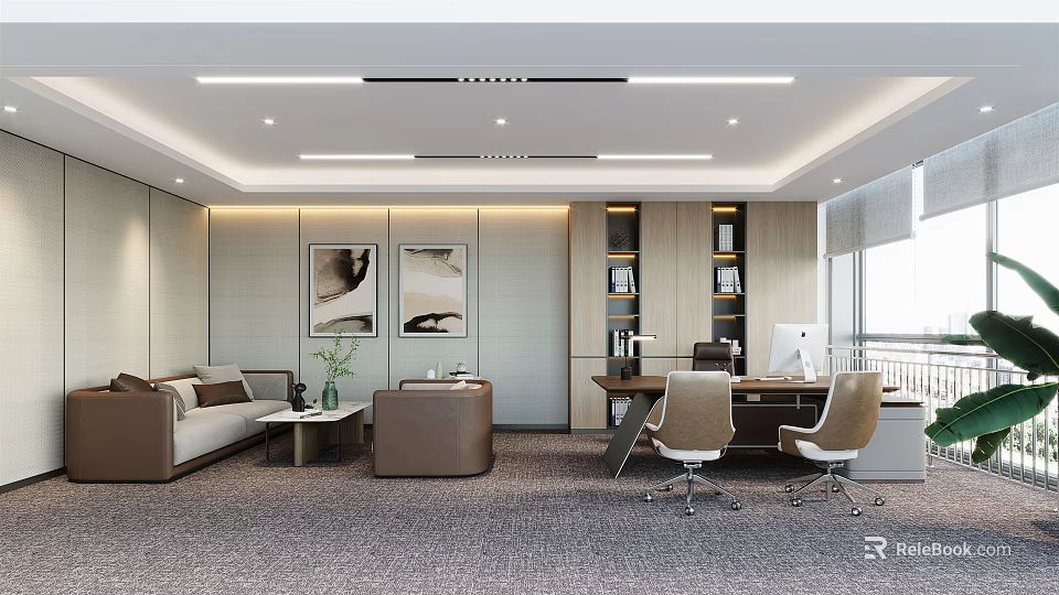 Modern Office Interior Design With Sofa Coffee Table Desk Office Chairs Bookshelves And Decorative Paintings 3d model 