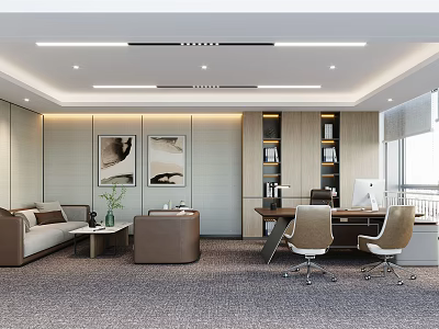 Modern Office Interior Design With Sofa Coffee Table Desk Office Chairs Bookshelves And Decorative Paintings 3d model